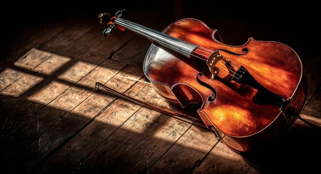 A complete stringed instrument is positioned horizontally on a polished wooden floor with dramatic lighting