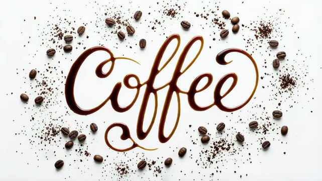Dynamic coffee presentation with dripping liquid forming the word coffee amidst beans and grounds for coffee day celebration