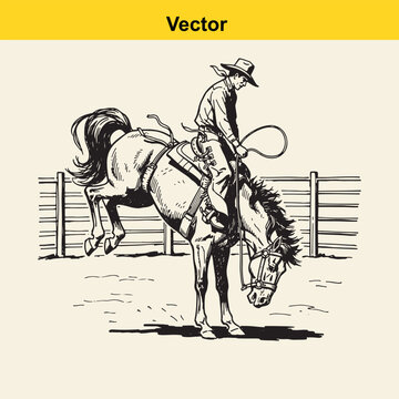 A black and white line art illustration of a professional cowboy riding a bucking rodeo bronco