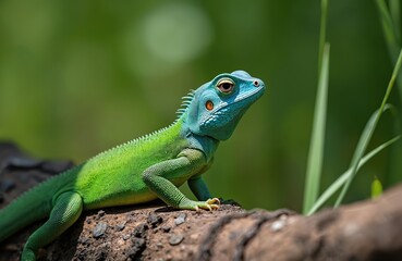 Fototapeta premium Bright green lizard with blue head sits on tree branch. Reptile has orange eyes and scales. Wild animal in natural habitat, green plants background.