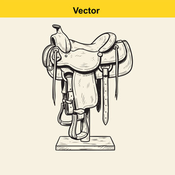 Detailed hand drawn illustration of a western style horse saddle sitting on a wooden display stand