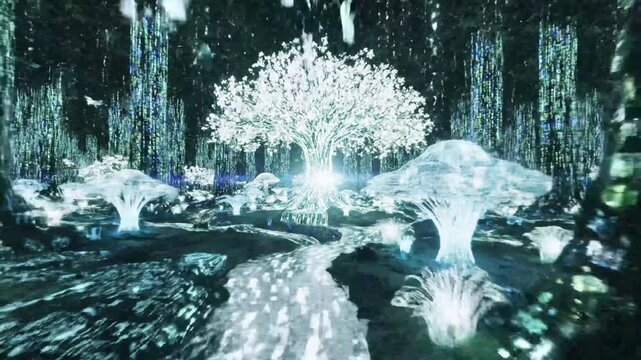 Ethereal digital fantasy forest with glowing binary trees and mushrooms