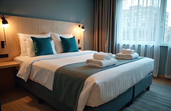 Modern hotel room with crisp white linens on a large double bed. Teal accent pillows and folded towels add comfort. Natural light filters through sheer curtains, creating a serene atmosphere.