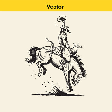 A detailed black and white illustration of a cowboy riding a bucking bronco horse in a rodeo