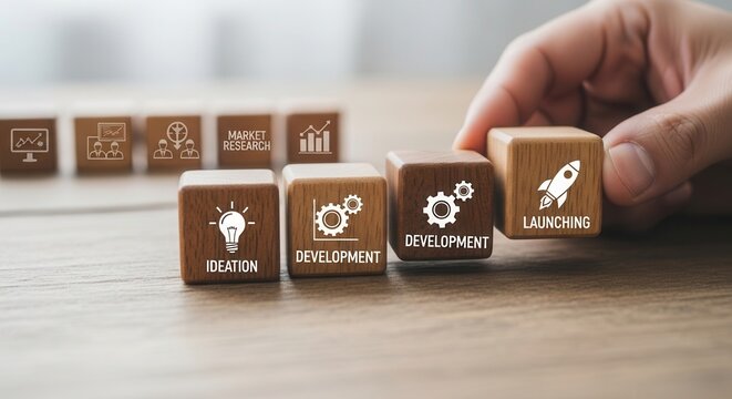 Hand arranging wooden cube with icon New product development and project roadmap concept. Wooden blocks with the stages of new product development icons, ideation, development and launching.