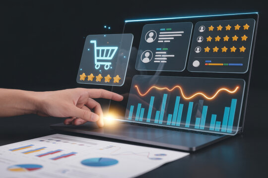 Customer feedback analytics and ecommerce review monitoring concept. business user analyzing rating data charts and satisfaction on laptop to service quality brand trust and marketing strategy