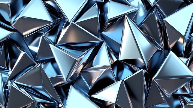Abstract metallic geometric triangular pyramid shapes forming a complex futuristic background with reflective surfaces and sharp edges