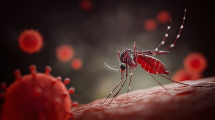 Obraz premium Insecticide-resistant mosquito amid red blood cells, symbolizing a disease transmission risk.