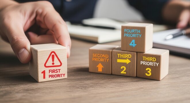 Hand arranging wooden cube with icon Task priority and management concept. The order of priority in any activity. Set work priority, arrange to do list. Wooden cube blocks with number first, second, t