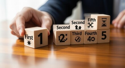 Naklejka premium Task priority and management concept. The order of priority in any activity. Set work priority, arrange to do list. Wooden cube blocks with number first, second, third, fourth and fifth