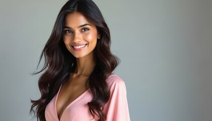 Naklejka premium Indian woman smiles in pink dress. She has long wavy dark hair and fair skin. Her pose is confident, with a natural radiant beauty. She looks happy and youthful.