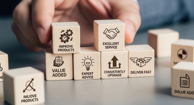 Value added concept. Way to adding value to product and service. Wooden blocks with value added icons. Improving products, excellent service, expert advice, consistently upgrade, deliver fast