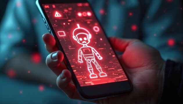 Hand holds phone with sad ai robot icon. Red alert symbols, chat bubbles show tech problem. Unhappy bot graphic signals service failure error. Digital communication issue with artificial intelligence.