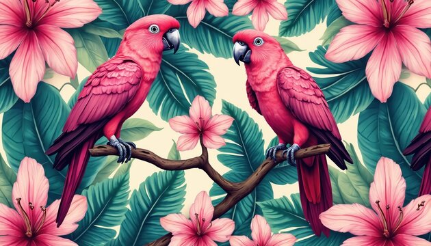 Two pink parrots perch on branch in lush tropical foliage and vibrant hibiscus flowers. This seamless pattern evokes exotic jungle vibes for summer designs and decor.