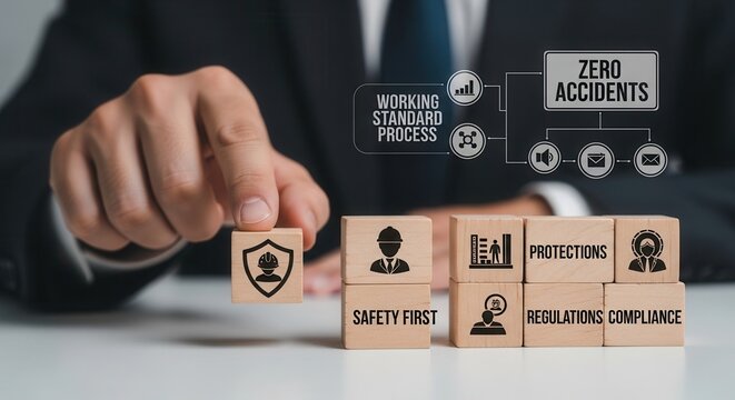  Businessman touching the icon of safety at workplace surrounded by safety first, protections, health, regulations and compliance. Working standard process. Zero accident