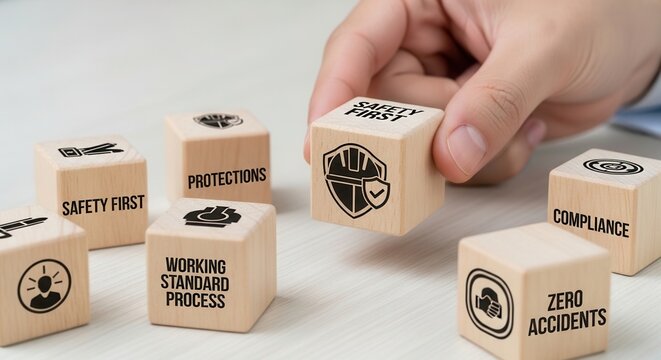  Businessman touching the icon of safety at workplace surrounded by safety first, protections, health, regulations and compliance. Working standard process. Zero accident