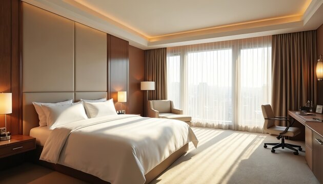 Luxury hotel room features king bed, plush bedding, elegant headboard. Large window with sheer curtains lets in bright natural light. Desk and chair by window. Cozy seating area.