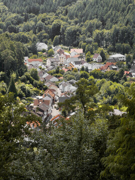 Hohenecken near Kaiserslautern as seen from Burg Hohenecken (Hohenecken Castle) during a summer season in Germany