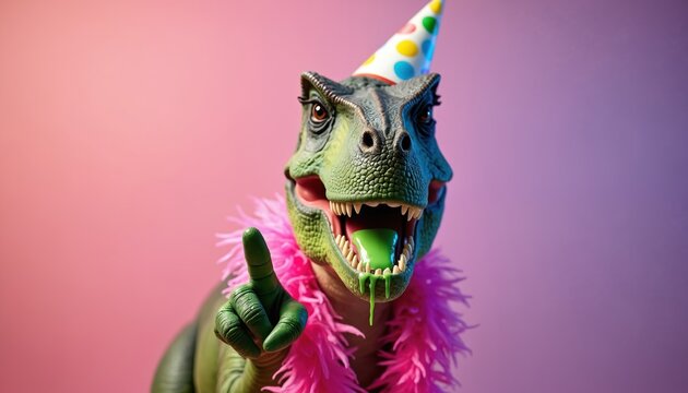 Green dinosaur wearing party hat and pink boa, pointing finger. It has bright green slime dripping from its mouth, looking excited for a celebration.