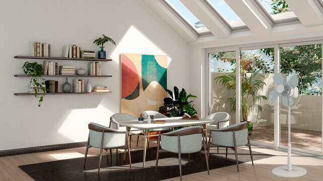 Large illustration 3D rendering luxury modern bright interiors Living room mockup with Couch and Fan Ventilation