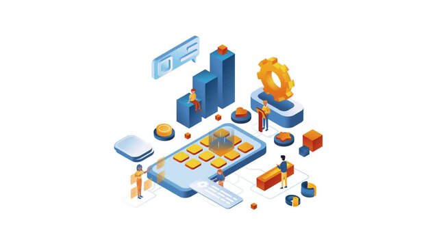 Isometric mobile app development workspace with analytics and teamwork