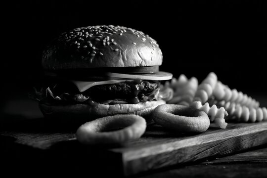 Gourmet hamburger and handcut french fries in a dark setting, with a focus on the textures of the food.