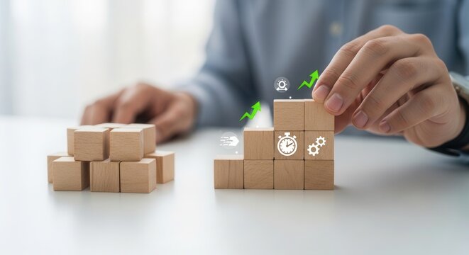 Kaizen event implementation and showing a focused, rapid improvement in cube arrangement using wooden cubes, symbolic icons, human hand, natural depth of field, soft blurred background,