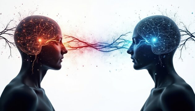 Two profiles exchange thoughts through glowing neural networks. Information flows between brains with digital light. Concept of mind connection and telepathy communication shown.