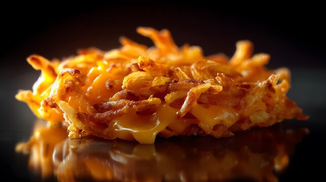 Microscopic examination of a crispy fried onion and cheese patty, analyzing the structural integrity of its golden-brown strands and the viscous flow of the molten dairy filling.