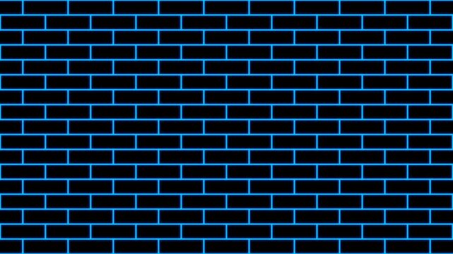 Glowing blue outline brick wall animation with glow line forming structured brick pattern on black background. 4K animated glowing brick background for backdrop, intro, and motion graphics.