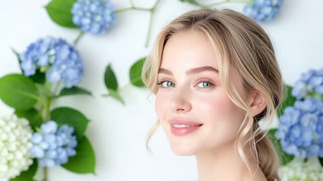 High-key lighting on a clean white background enhances radiant clear skin.
Hydrangea flowers and fresh green leaves evoke a soft June seasonal mood.
Natural makeup and a gentle pose create a clean and