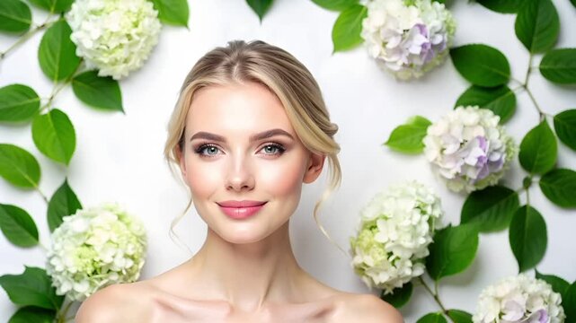 High-key lighting on a clean white background enhances radiant clear skin.
Hydrangea flowers and fresh green leaves evoke a soft June seasonal mood.
Natural makeup and a gentle pose create a clean and