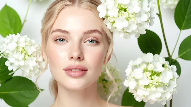 High-key lighting on a clean white background enhances radiant clear skin.
Hydrangea flowers and fresh green leaves evoke a soft June seasonal mood.
Natural makeup and a gentle pose create a clean and