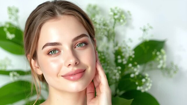 High-key lighting on a pure white background enhances clear radiant skin.
A gentle touch on the cheek with a soft smile conveys calm and freshness.
Green leaves and small white flowers subtly suggest 