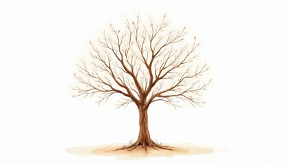 Obraz premium Watercolor painting of a bare ash tree with delicate branches and sparse leaves against a white backdrop. The artwork symbolizes change, nature, and new beginnings in spring or autumn.