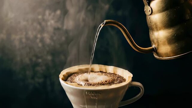 Pouring hot water into a coffee dripper with visible steam. Brewing process of drip coffee for International Coffee Day.