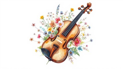 Fototapeta premium Watercolor illustration of a violin surrounded by blooming flowers, artistic composition combining music and nature in a soft romantic style.
