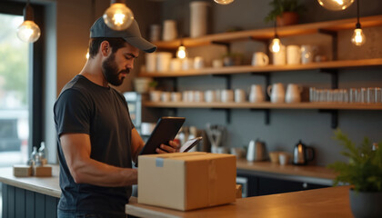 Fototapeta premium Delivery man checks tablet near package on cafe counter. Employee wears cap and t-shirt. Staff works in coffee shop interior. Logistics and service profession.