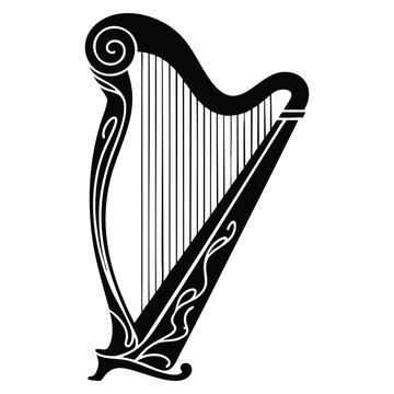 Silhouette harp vector icon stock illustration in black and white on white background perfect for music logo classical concert and instrument design