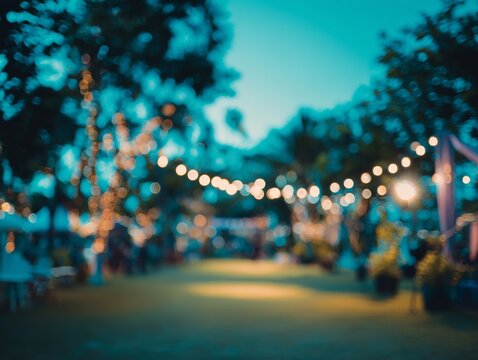 Illuminated pathway with lighting strung along trees and structures.
