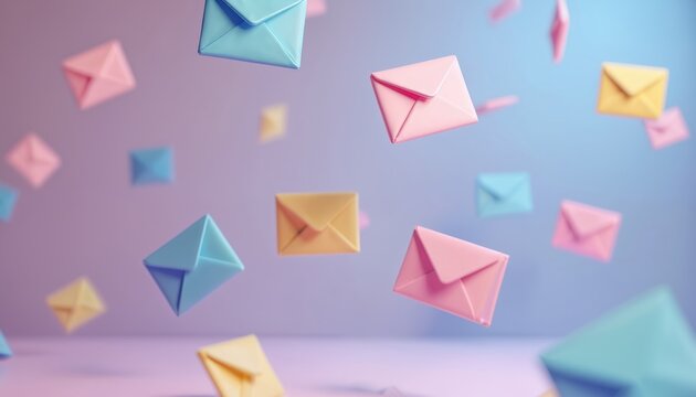 Soft pastel colored envelopes float in airy space. Pink blue yellow mail messages fly gently through a gradient background. Virtual communication concept art.