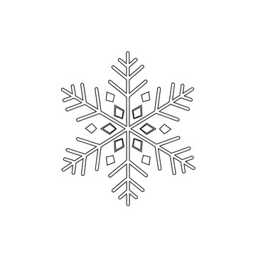 Minimal monochrome snowflake line illustration with geometric sixfold symmetry.