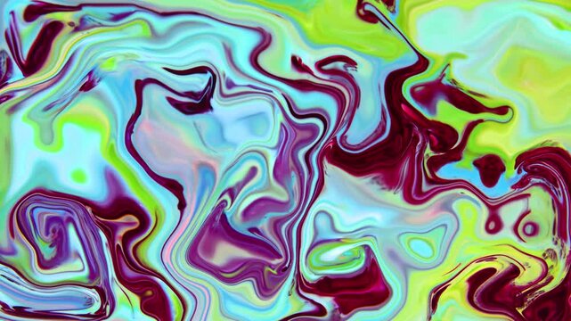 Highly dynamic abstract fluid art with psychedelic neon tones blending blue, green, and deep magenta. Organic paint movement creates a surreal, high-energy visual ideal for music visuals, festival bra