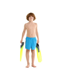 Cute little boy in beachwear with flippers on white background © New Africa