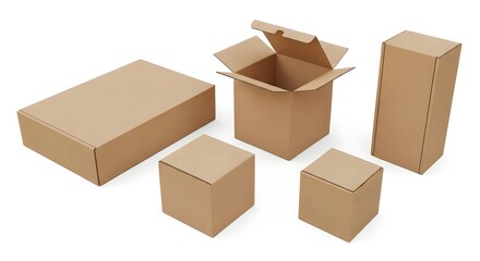 Fototapeta premium Various brown cardboard boxes, open and closed, in different sizes, neatly arranged on a white background, perfect for packaging, shipping, and storage solutions