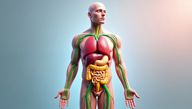 Human body organs and lymphatic system illustration. Shows lungs liver stomach intestines and lymph nodes. Medical science graphic for health education.
