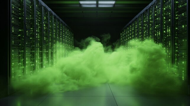 A high-tech server room with green foam coming from computer hardware, suggesting a malfunction or emergency situation that requires attention.
