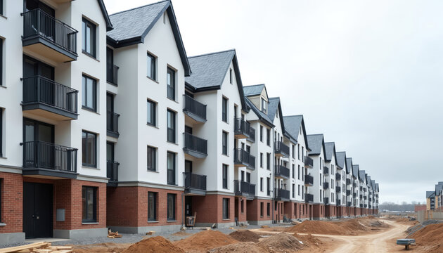 Modern apartment buildings under construction show progress in urban housing development. These residential blocks feature white facades brick bases and balconies, indicating new community growth.