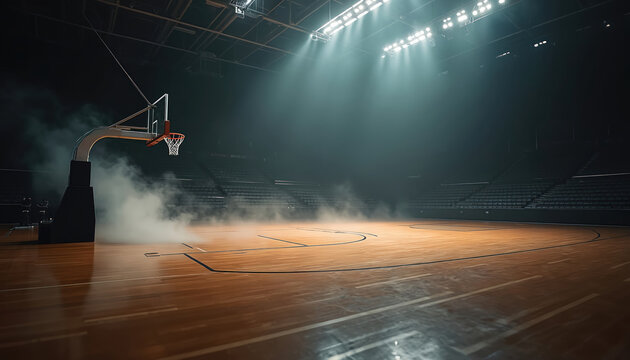 Empty basketball arena gym with smoke and dramatic spotlights. Wooden court floor with net hoop and empty seats. Dark atmosphere for sports game or practice.