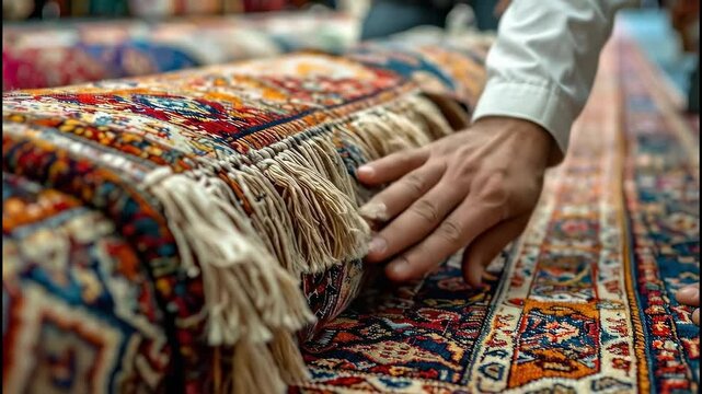 Close-up of Hand Touching Intricate Persian Rugs in a Market.